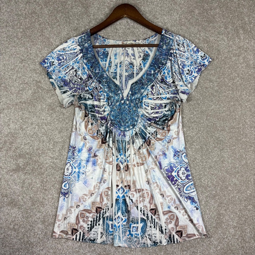 World Unity Womens Blue Paisley Rhinestone Crochet V-Neck Tunic Top Small
